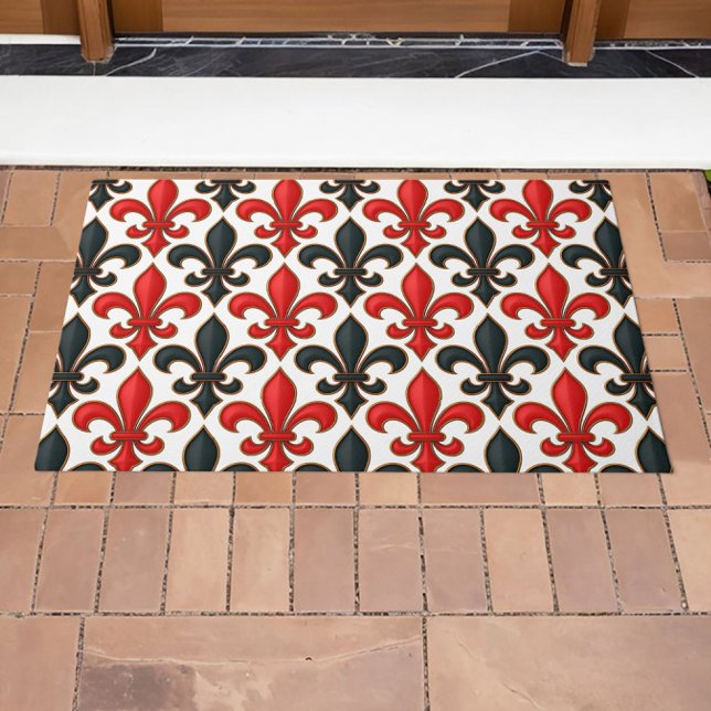 Red Black Baroque Fleur-de-lis Pattern Design  Doormat (Creator Uploaded)