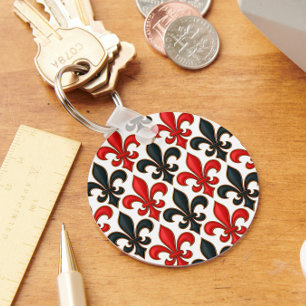 Red Black Baroque Fleur-de-lis Pattern Design Key Ring