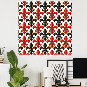 Red Black Baroque Fleur-de-lis Pattern Design  Poster