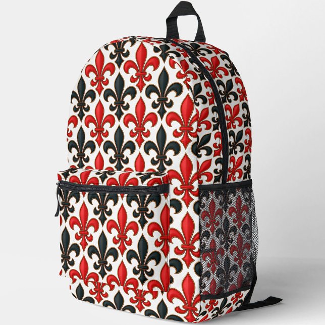 Red Black Baroque Fleur-de-lis Pattern Design  Printed Backpack (Creator Uploaded)