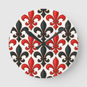 Red Black Baroque Fleur-de-lis Pattern Design Round Clock