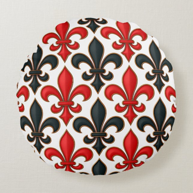 Red Black Baroque Fleur-de-lis Pattern Design  Round Cushion (Front)