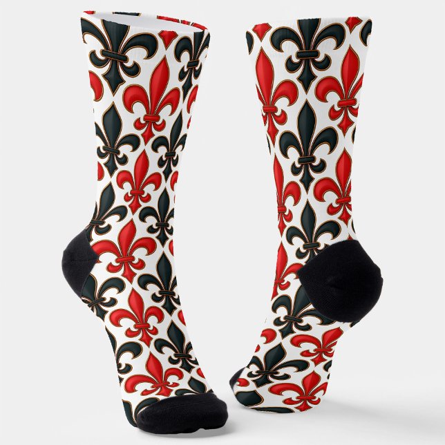 Red Black Baroque Fleur-de-lis Pattern Design  Socks (Creator Uploaded)