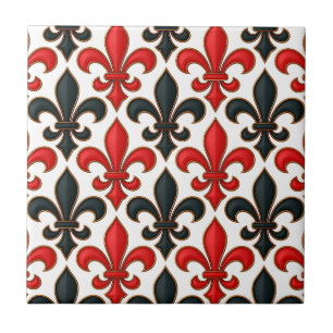 Red Black Baroque Fleur-de-lis Pattern Design Tile