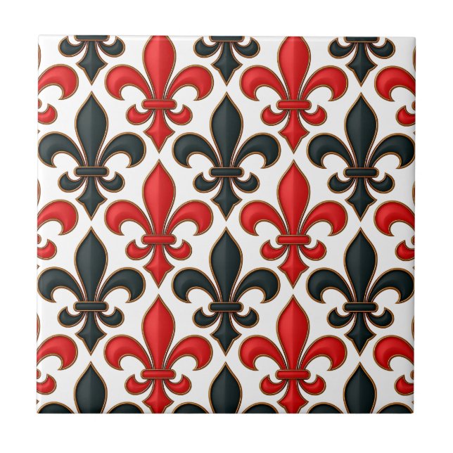 Red Black Baroque Fleur-de-lis Pattern Design  Tile (Front)