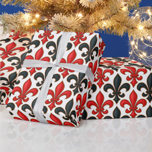 Red Black Baroque Fleur-de-lis Pattern Design Wrapping Paper
