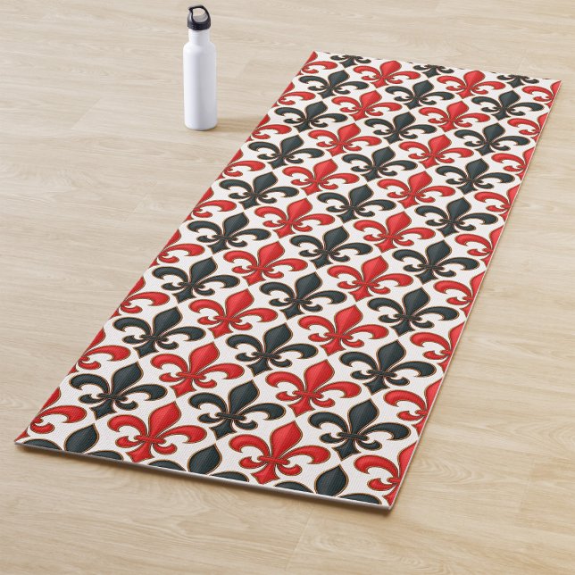 Red Black Baroque Fleur-de-lis Pattern Design  Yoga Mat (Creator Uploaded)
