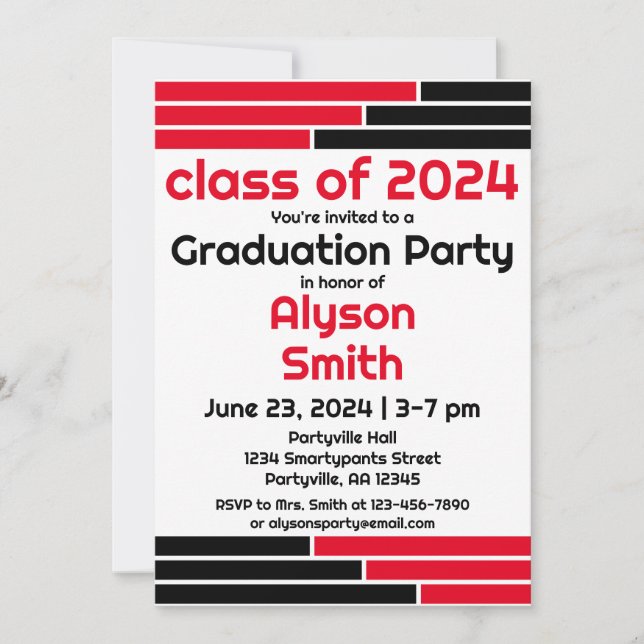 Red & Black Bars One Photo Grad Party Invitation (Front)