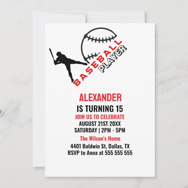 Red Black Baseball Girl Boy Birthday Party Invitation (Front)