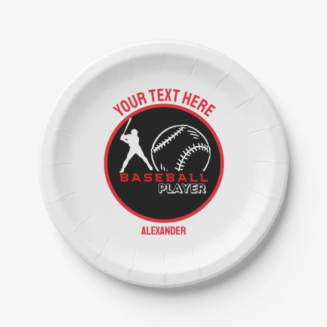 Red Black Baseball Girl Boy Birthday Party Paper Plate (Front)