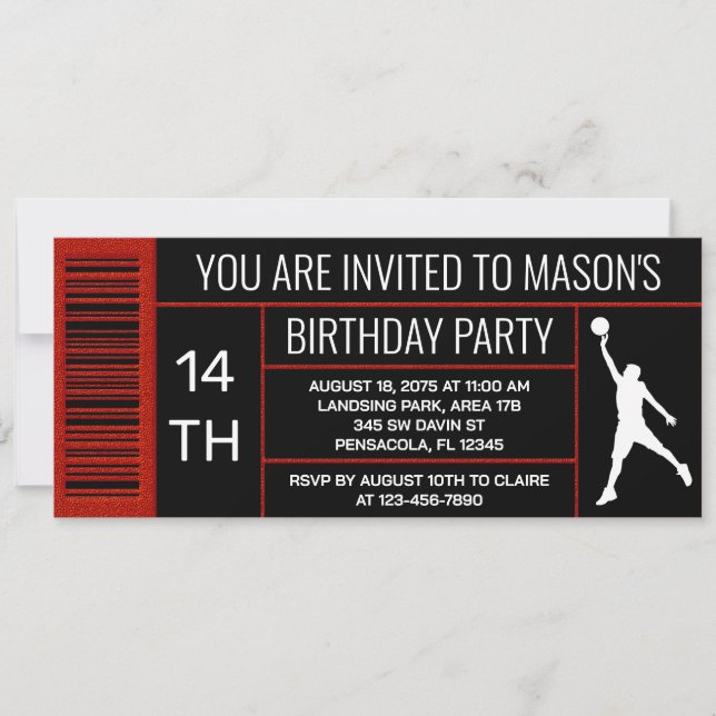 Red Black Basketball Birthday Party Shoe Box Label Invitation (Front)