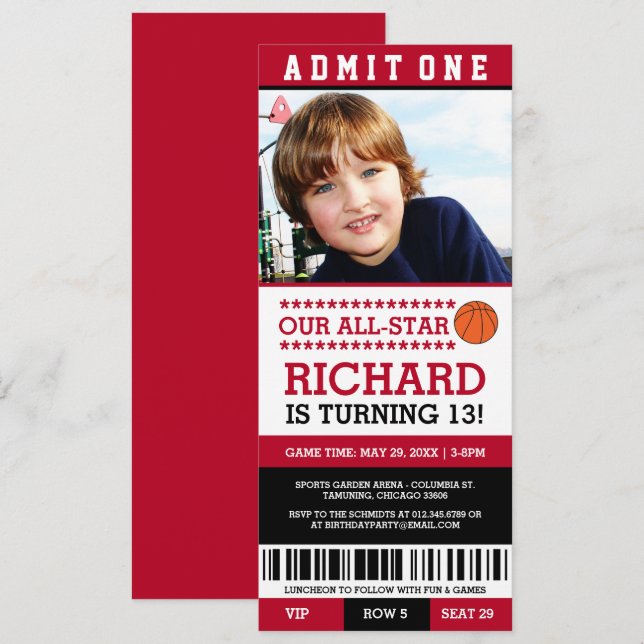 Red & Black Basketball Ticket Birthday Invites (Front/Back)