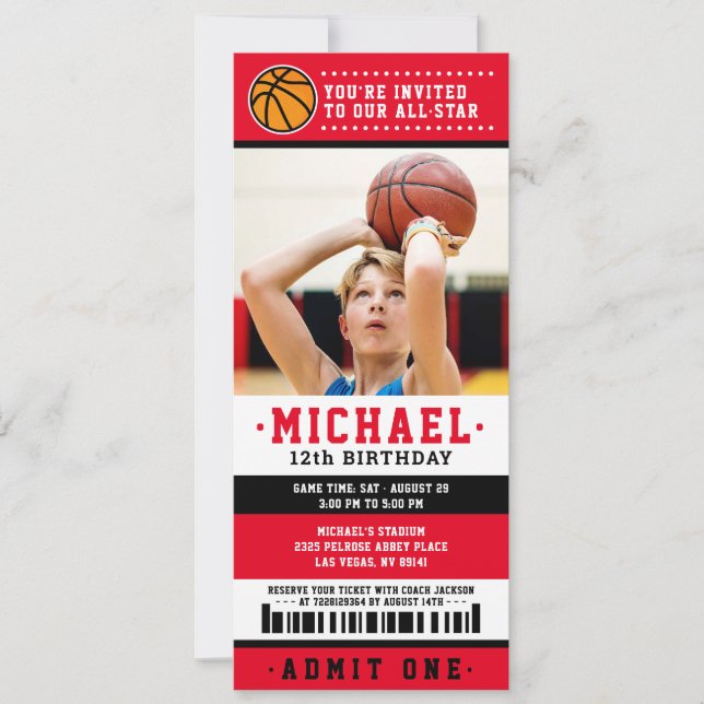Red black Basketball Ticket Birthday Photo Invitation (Front)