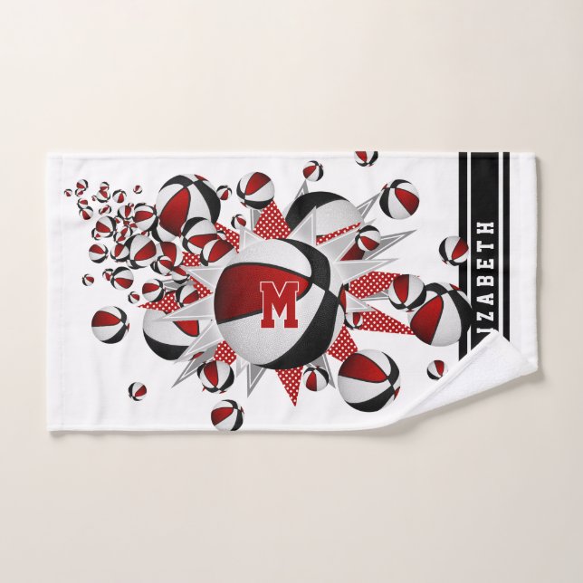 red black basketballs stars girls monogrammed hand towel (Hand Towel)