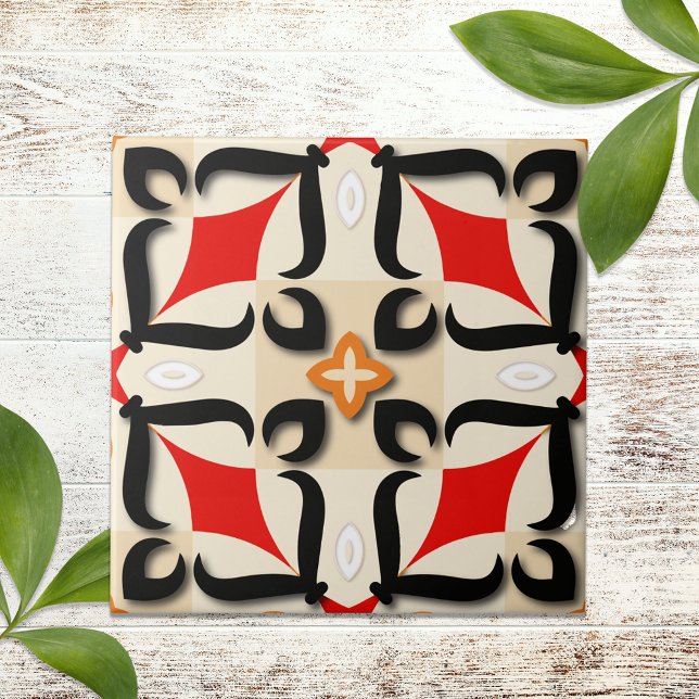 Red Black Beige Abstract Mirror Geometric Pattern Tile (Creator Uploaded)