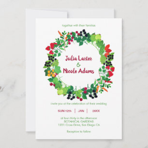 Red Black Berries Fruits Flowers Botanical Wedding Invitation