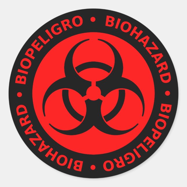 Red & Black Bilingual Biohazard Symbol Sticker (Front)