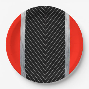 Red, black, black and white pinstripe paper plate