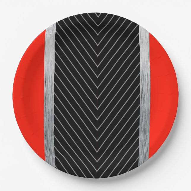 Red, black, black and white pinstripe paper plate (Front)