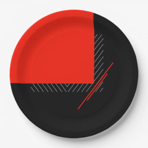 Red, black,black & white pinstripe geometric print paper plate