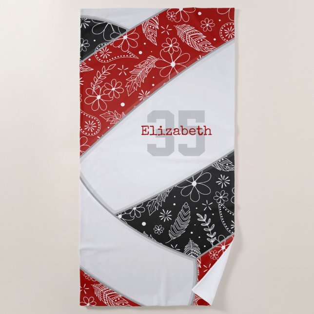 red black boho floral paisley girls volleyball beach towel (Front)