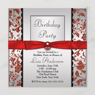 Red & Black Bow Tie Damask Birthday Party Invitation