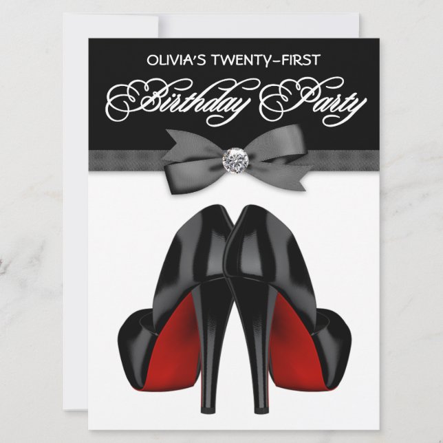 Red Black Bow Tie Womans Birthday Party Invitation (Front)