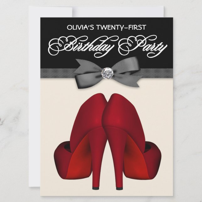 Red Black Bow Tie Womans Birthday Party Invitation (Front)