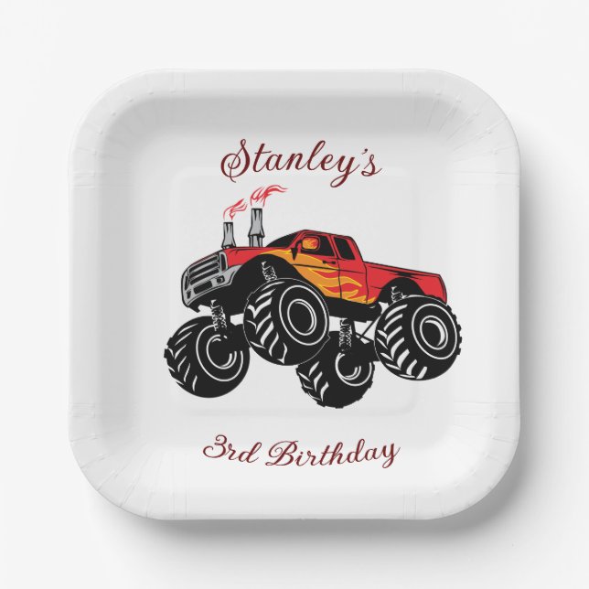 Red Black Boys' Birthday Monster Truck Paper Plate (Front)