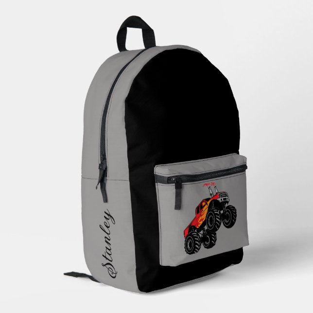 Red & Black Boys' Name Personalised Monster Truck Printed Backpack (Back Corner Left)