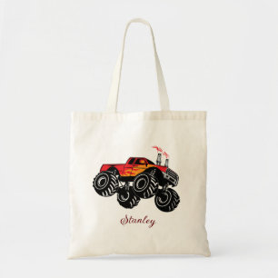 Red Black Boys' Name Personalised Monster Truck Tote Bag