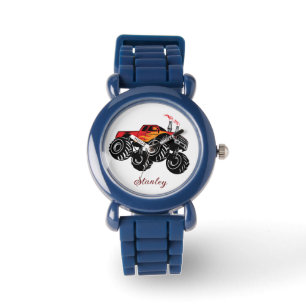 Red Black Boys' Name Personalised Monster Truck Watch