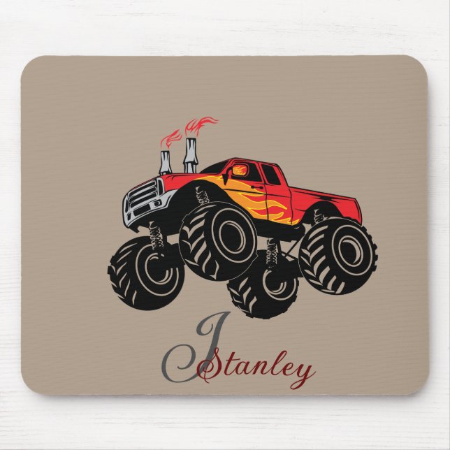 Red Black Boys' Rusty Name Monogram Monster Truck Mouse Mat (Front)