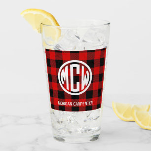 Red Black Buffalo Check Circle Monogram DIY BG Glass