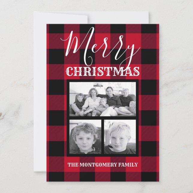 Red Black Buffalo Check Merry Christmas Photo Holiday Card (Front)