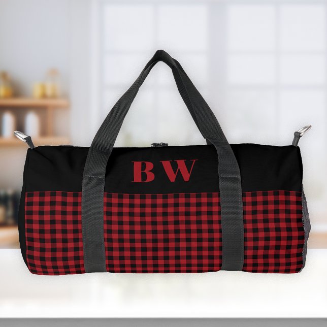 Red Black Buffalo Check Plaid Bold Monogram  Duffle Bag (Creator Uploaded)