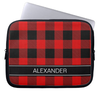 Red Black Buffalo Check Plaid Name Monogram Laptop Sleeve