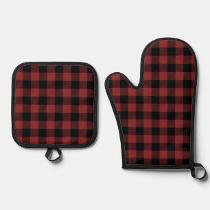 Red Black Buffalo Check Plaid Oven Mitt & Pot Holder Set