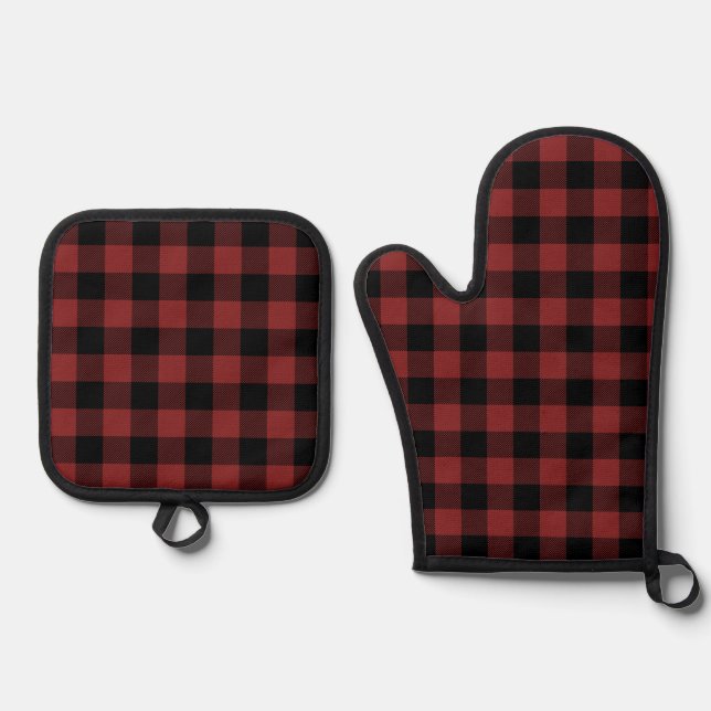 Red Black Buffalo Check Plaid Oven Mitt & Pot Holder Set (Front)