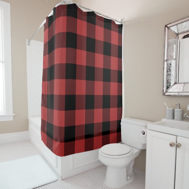 Red Black Buffalo Check Plaid Shower Curtain (In Situ)