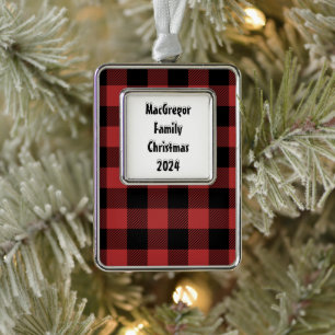 Red Black Buffalo Check Plaid Silver Plated Framed Ornament