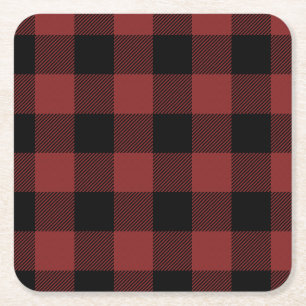 Red Black Buffalo Check Plaid Square Paper Coaster
