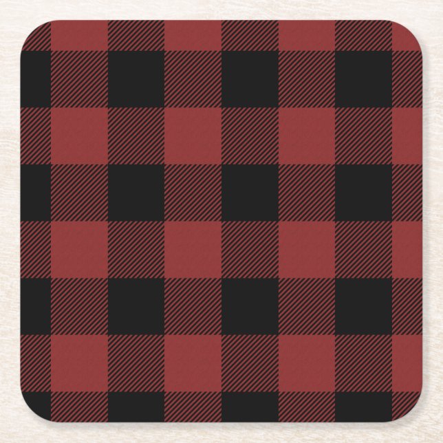 Red Black Buffalo Check Plaid Square Paper Coaster (Front)