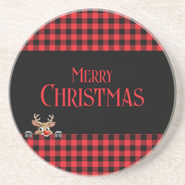 Red Black Buffalo Check with Peeping Reindeer Coaster (Front)
