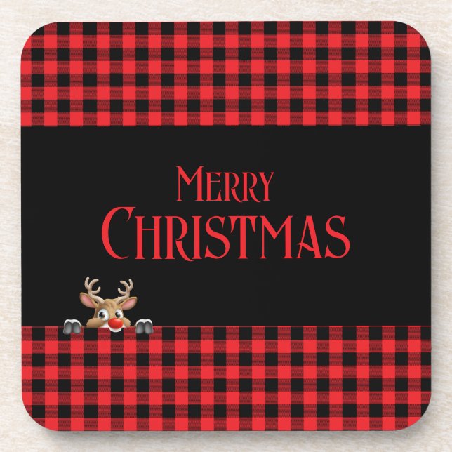 Red Black Buffalo Check with Peeping Reindeer Coaster (Front)
