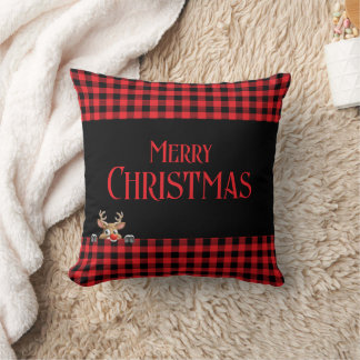 Red Black Buffalo Check with Peeping Reindeer Cushion