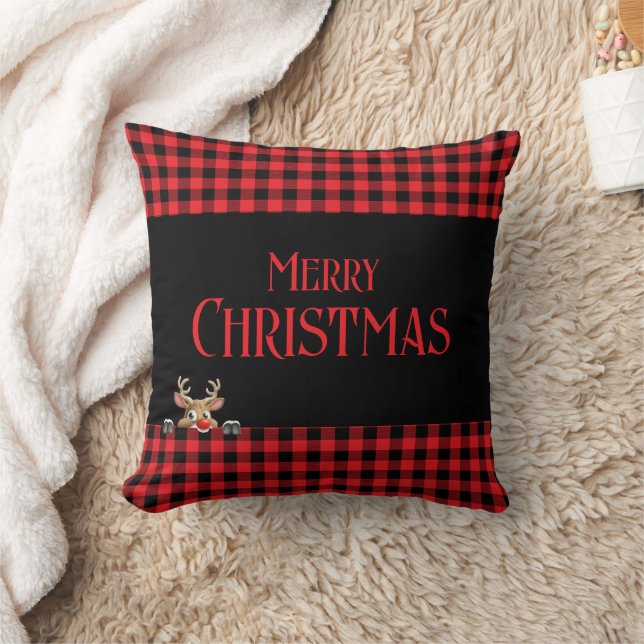 Red Black Buffalo Check with Peeping Reindeer Cushion (Blanket)