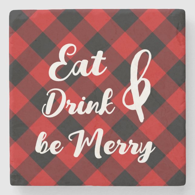 Red Black Buffalo Gingham Check Stone Coaster (Front)