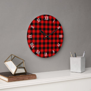 Red Black Buffalo Lumberjack Check Plaid Pattern Large Clock
