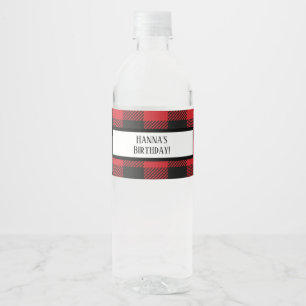 Red Black Buffalo Plaid Birthday Water Bottle Labe Label